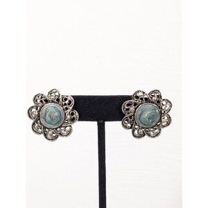 Silver Tone Green‎ Swirl Enamel Flower Open Metal Work Earrings Pierced Retro